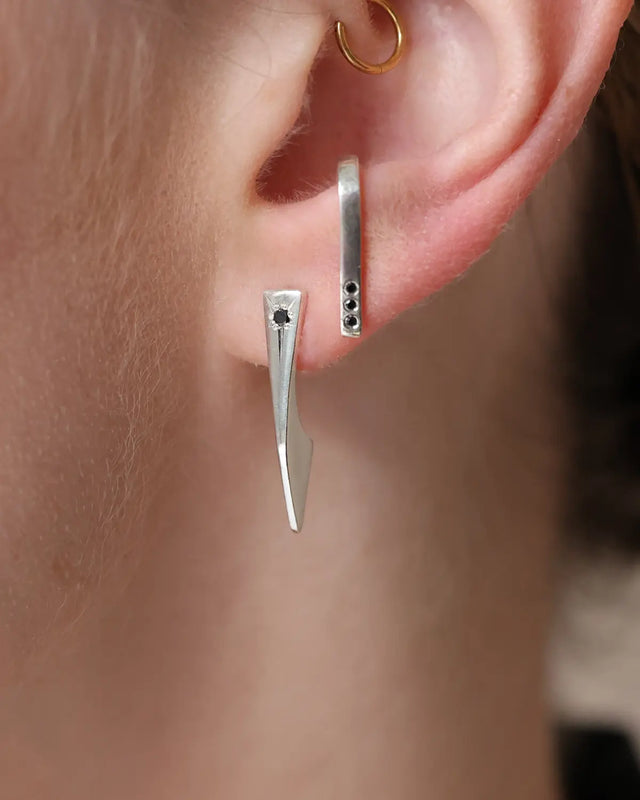 Mini Flipper Silver Black Diamond Earring