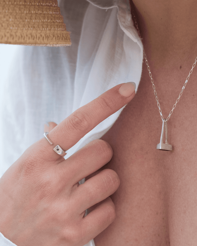 Geometric Silver Black Diamond Ring