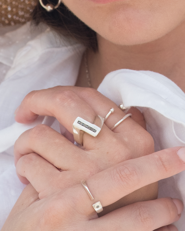 Black Diamonds Bar Silver Ring