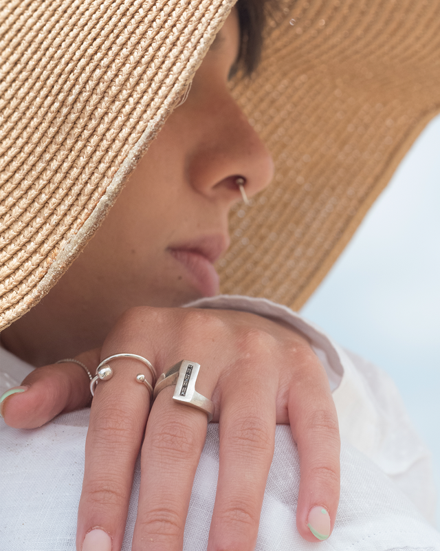 Black Diamonds Bar Silver Ring